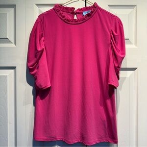 Cece Women's Blue Puff Sleeve Ruffle Mock Neck Crepe Top Size L Pink